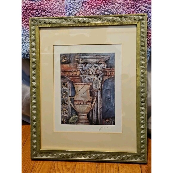 Framed & Matted Joyce Combs "Acropolis" Vase & Corinthian Column Print 13"x 16" - Picture 1 of 5
